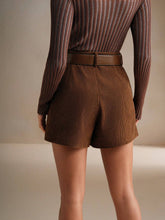 Anewsta Retro Corduroy Women Waist Belt Shorts, Commuting Style